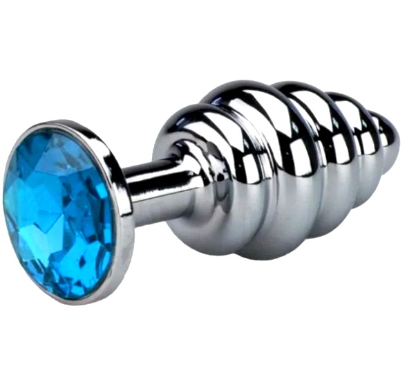 Анальная пробка рифлёная серебряная, с голубым кристалом